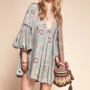 Free People Just The Two Of Us Tunic Mini Dress Floral Lace Inset Boho Peasant S